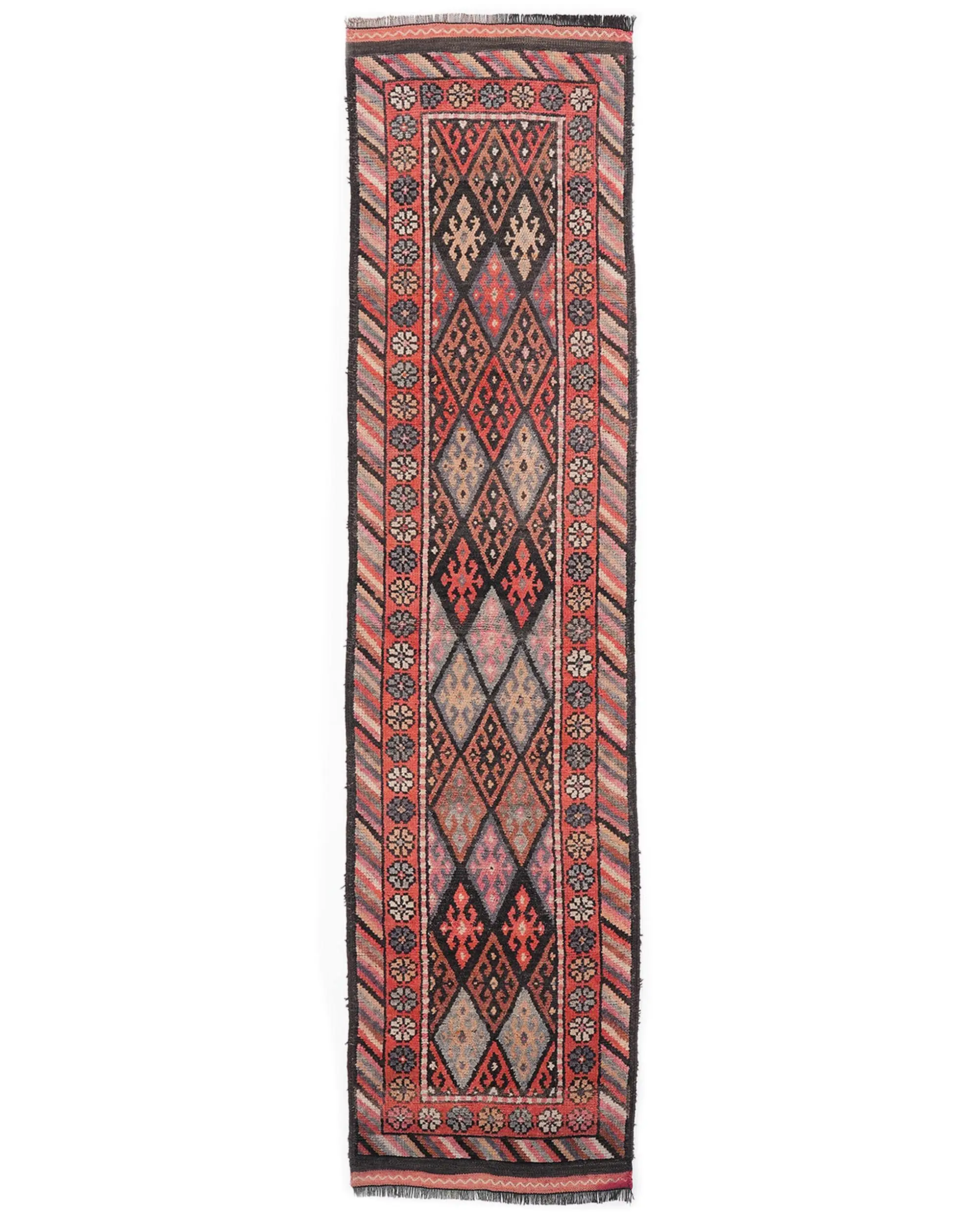Türkischer Vintage-Teppich, 2,8 x 11,3 Fuß großer Herki-Teppich, rot-schwarzer Ombré-Wollteppich - 1