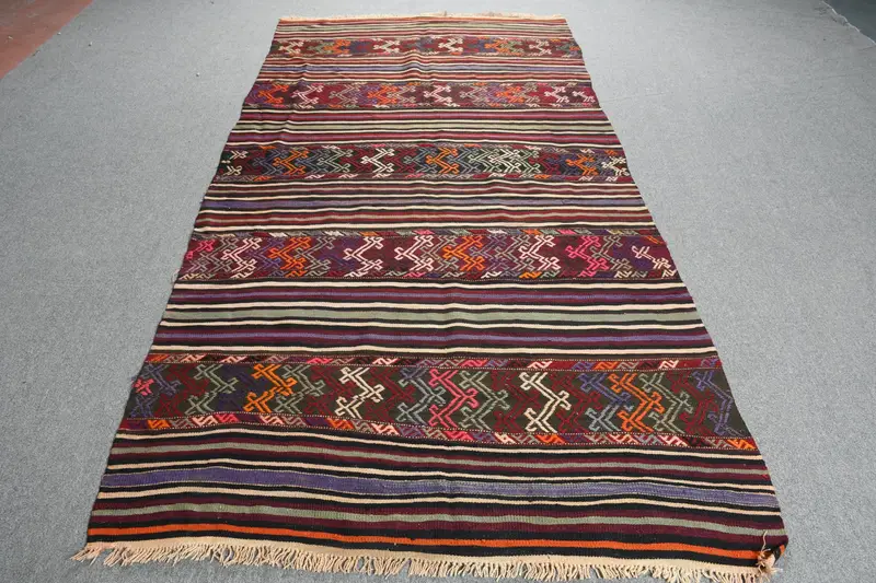 4.6x9 ft Rug, Turkish Vintage Rug, Kilim Red Abstract Rug - 1