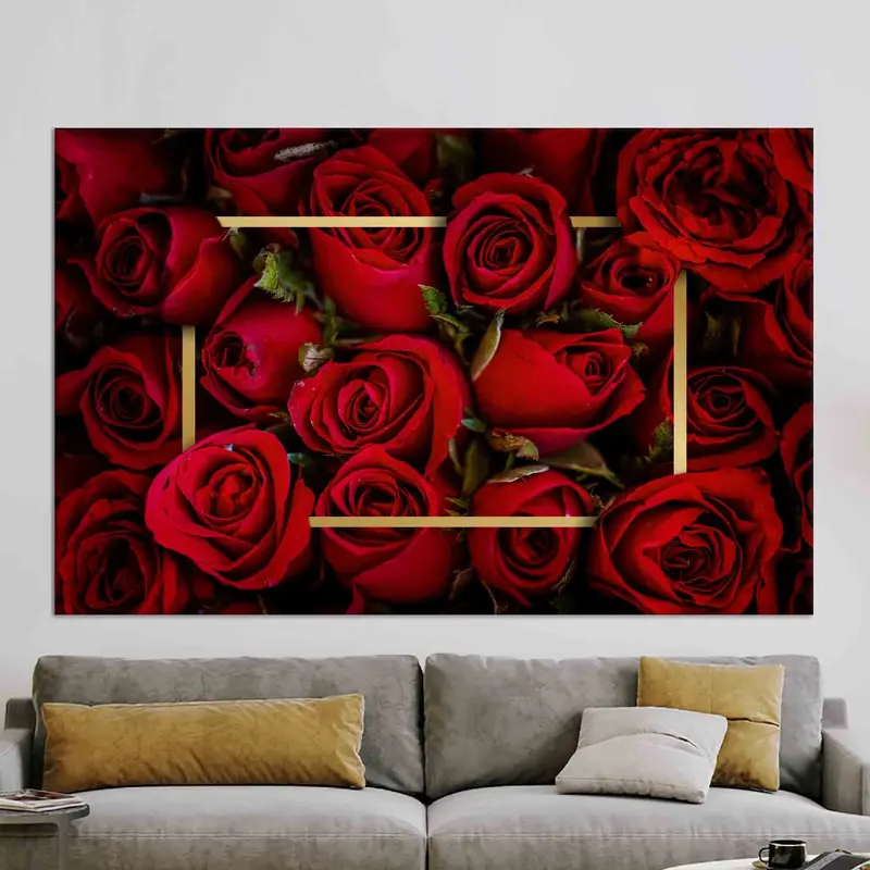 Impresión en lienzo de rosa roja con marco dorado de lujo para amantes de las rosas