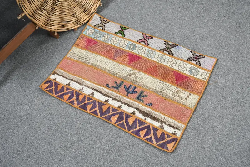 Vintage 1.7x2.3 ft Rug, Small Turkish Rug, Orange Pink Polka dot Wool Rug - 1