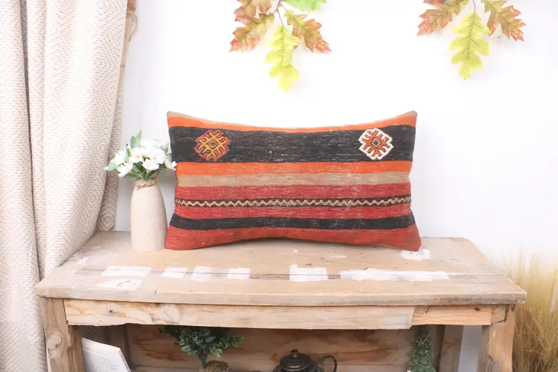 Turkish Kilim Pillow, Antique Pillows, Retro Throw Pillow, Ethnical Kilim Rug Pillow, Accent Throw Pillow, Cushion, 12x20 Red Cushion Cover - 1