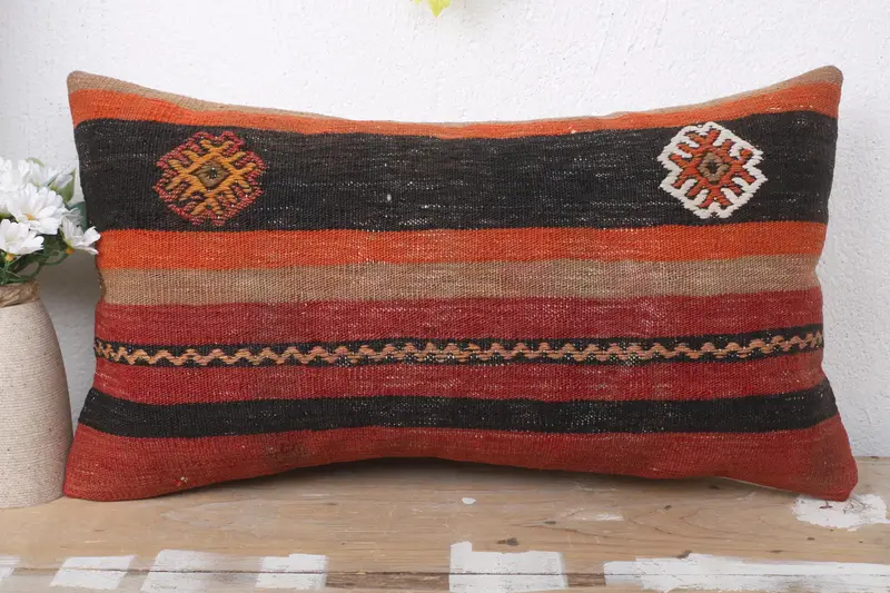 Turkish Kilim Pillow, Antique Pillows, Retro Throw Pillow, Ethnical Kilim Rug Pillow, Accent Throw Pillow, Cushion, 12x20 Red Cushion Cover - 2