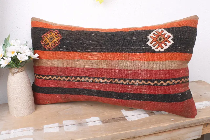 Turkish Kilim Pillow, Antique Pillows, Retro Throw Pillow, Ethnical Kilim Rug Pillow, Accent Throw Pillow, Cushion, 12x20 Red Cushion Cover - 4