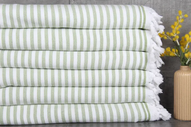 Turkish Beach Towel Khaki Green Terry Striped, 36x71 Inches