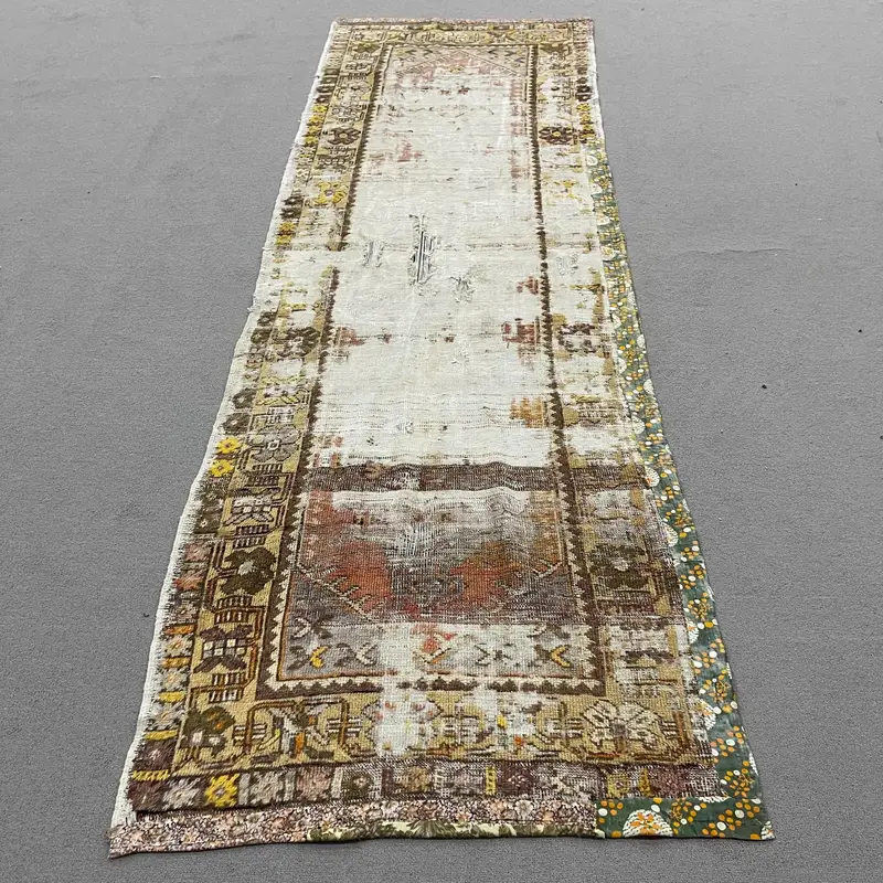 Alfombra elegante beige y amarilla, diseño de lunares 3x8,9 pies