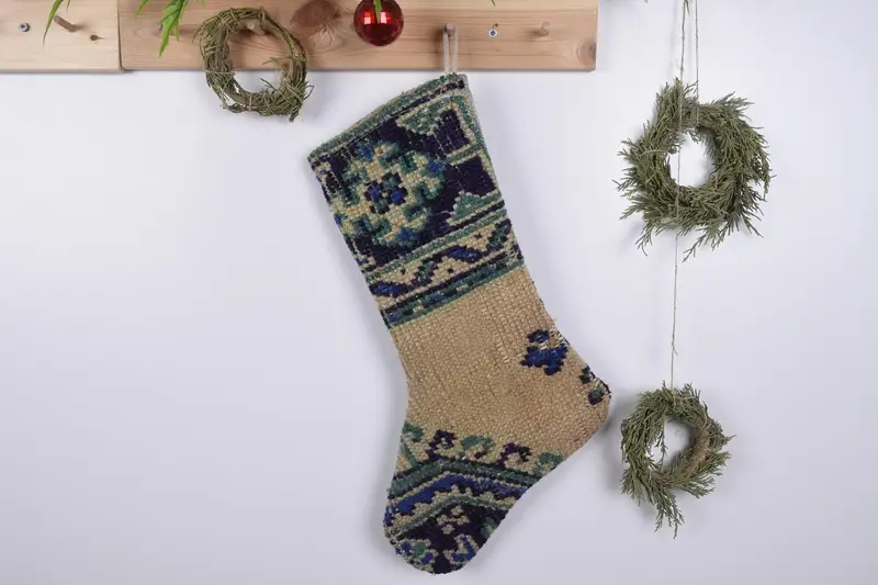 Patrón de adornos navideños, calcetín Kilim orgánico de 19 pulgadas