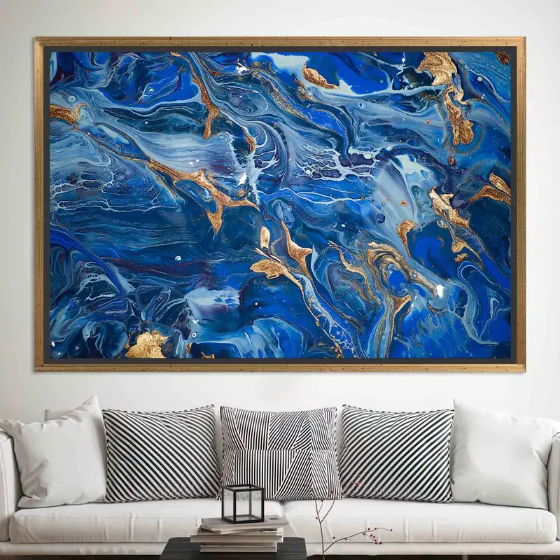 Luxurious Navy Blue Shimmery Gold Printed Canvas Art