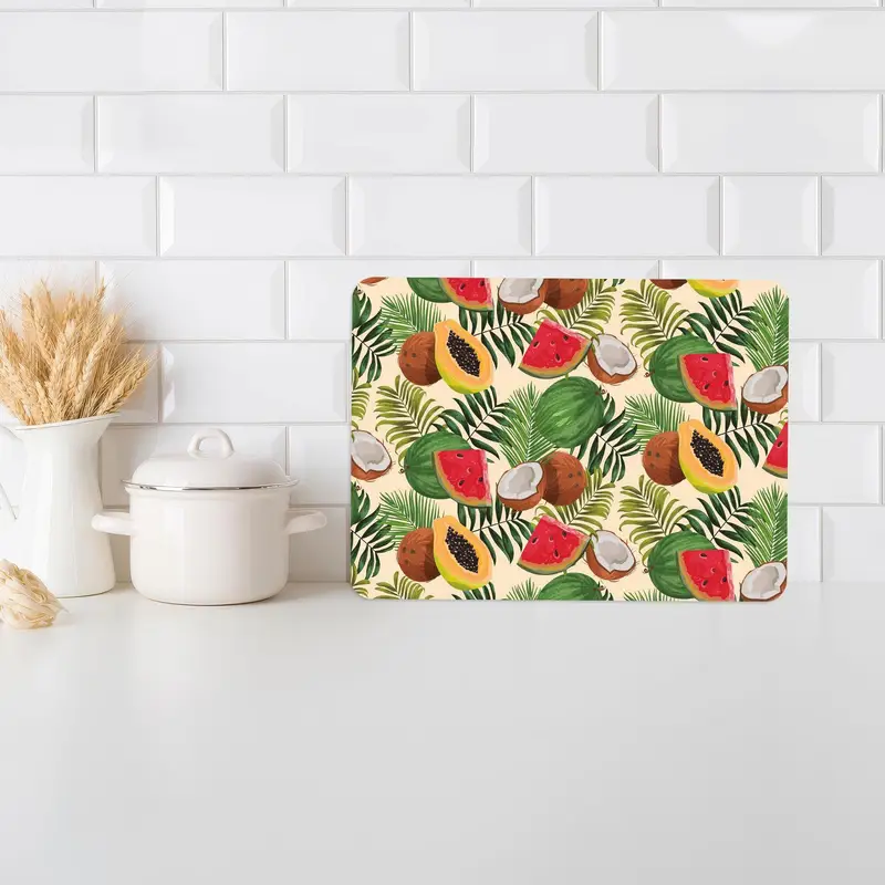 Hindistan Cevizi Desenli Tropikal Yaz Cam Kesme Tahtası