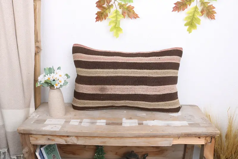Boho Throw Cushion, Pillow Case, Kilim Pillow Cover, Antique Pillows, Decorative Throw Pillow Cover, 12x20 Beige Pillow Sham, Gift Pillow - 1