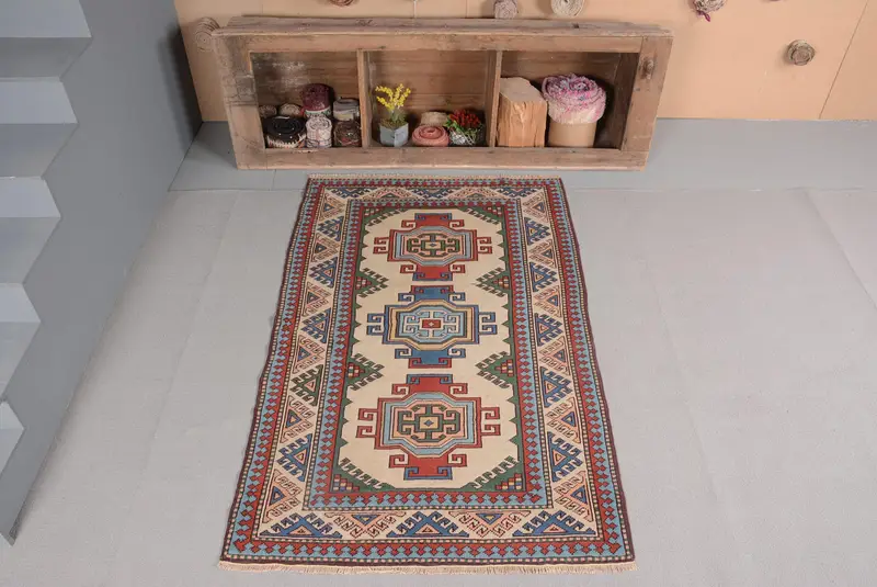 Türk Vintage Oushak Halı 3.6x5.8 ft (110x178 cm), Kırmızı Geometrik Halı - 1