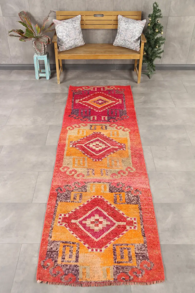 Türk Vintage Halı 3x9.6 ft (90x292 cm), Herki Kırmızı Turuncu Kareli Halı - 1