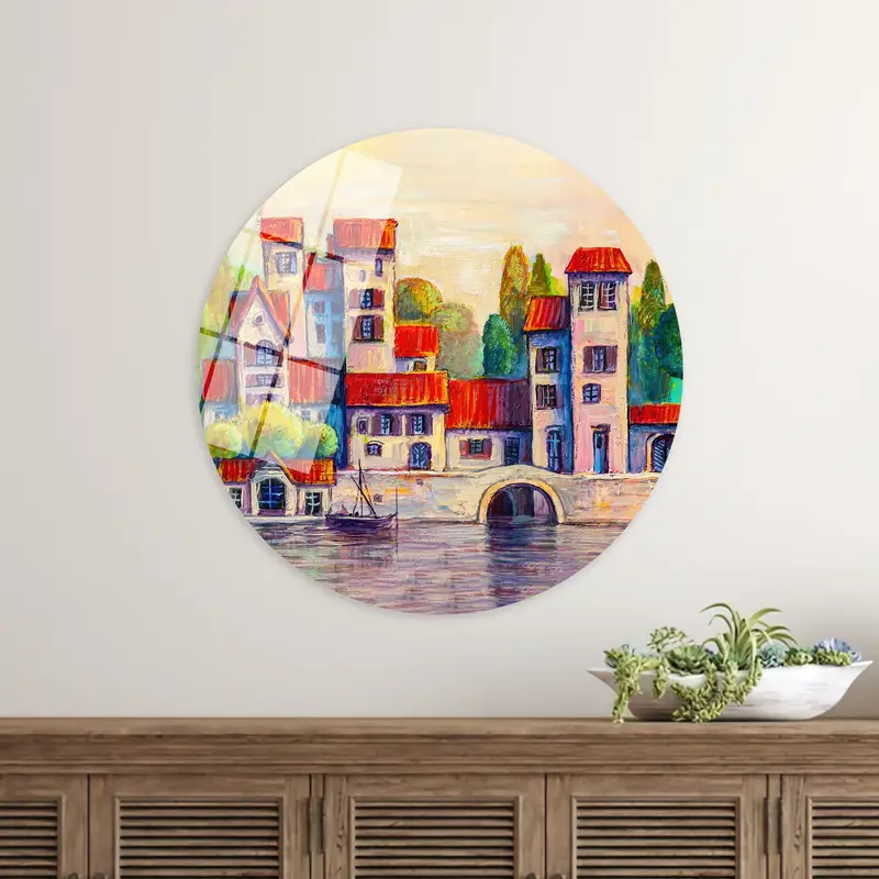 Vintage Cityscape Canvas: Modern Oil Print of Old Bridge & River