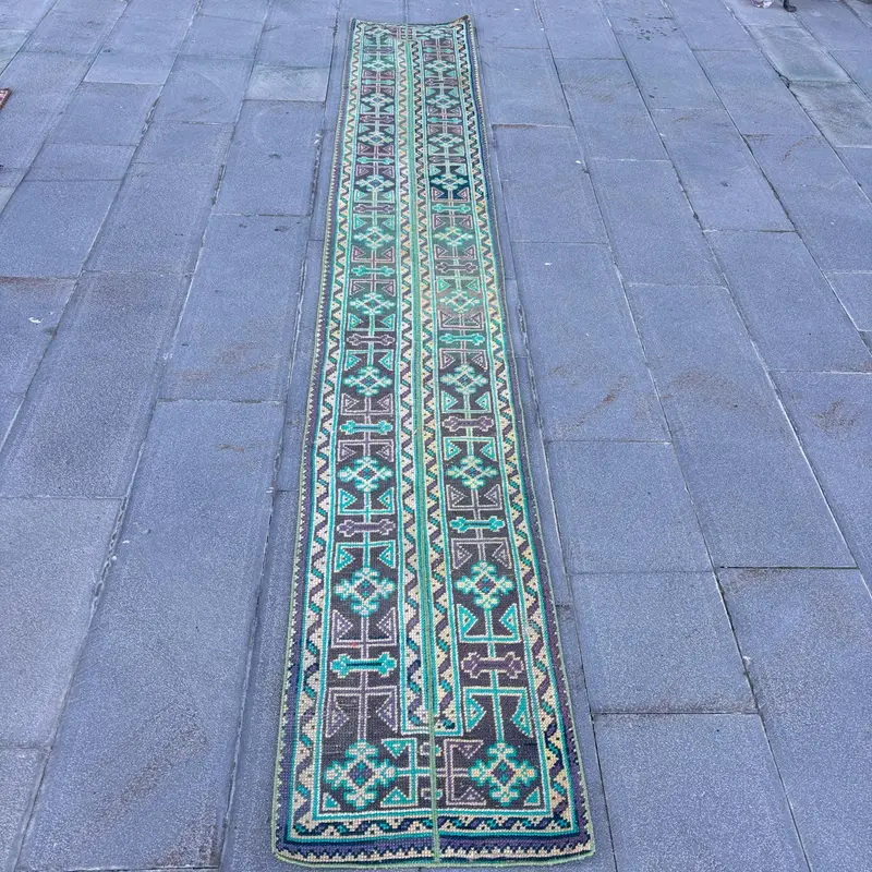 1.7x11.5 ft Runner Turkish Rug, Vintage Rug, Blue Green Ikat Wool Rug - 1