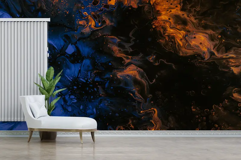 Çağdaş Turuncu ve Mavi Mermer Alkol Mürekkebi Baskılı Duvar Kağıdı