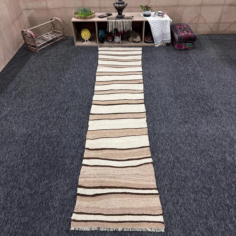 Turkish Vintage Runner Rug 2.6x12.1 ft, Brown White Geometric Wool Rug - 1