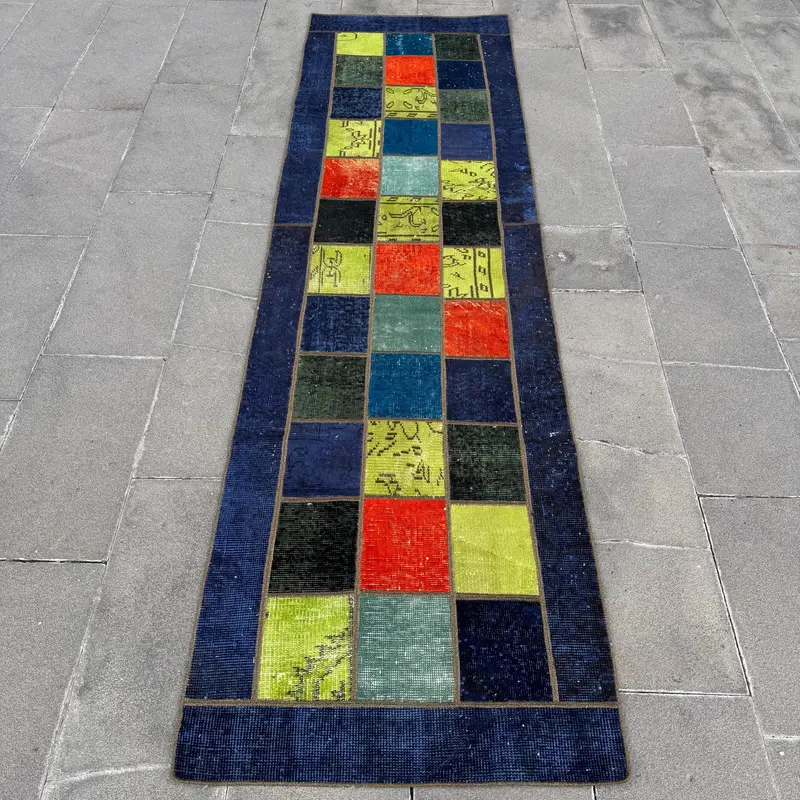 Mavi Ombré Halı, Yeşil Vurgulu 2,5x8,9 ft