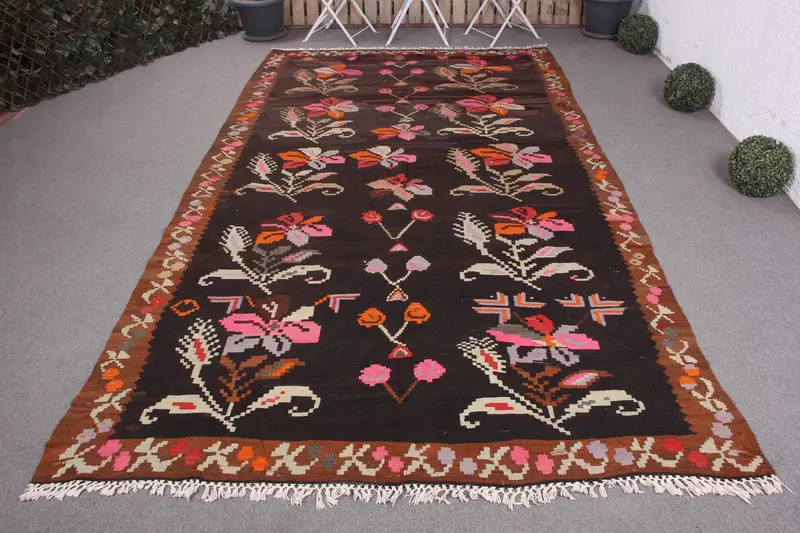 Handmade Black & Brown Rug, 6.3x11.5 ft Floral & Geometric