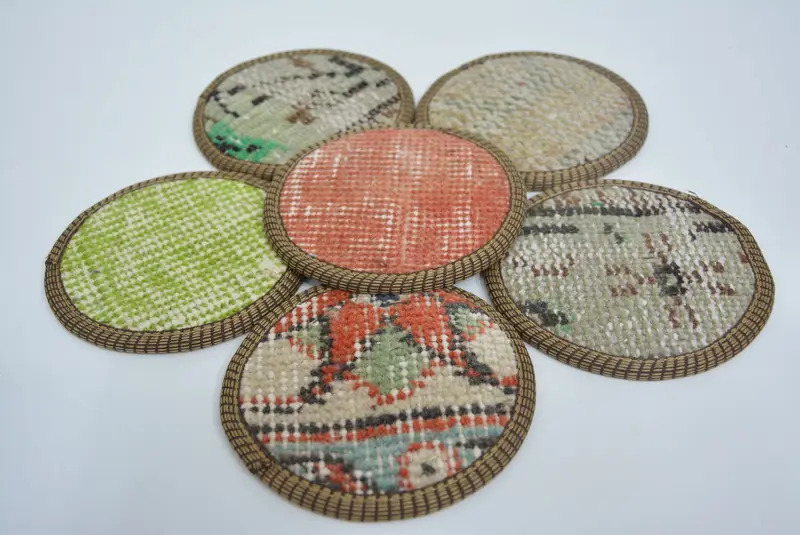 Yeşil ve Turuncu Kilim Bardak Altlıkları, Benzersiz Boho Ev Dekorasyonu Bardak Altlıkları