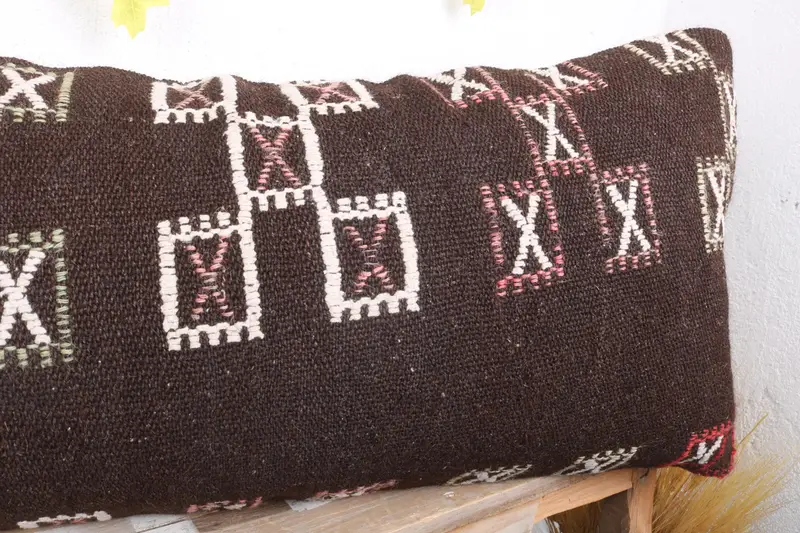 Retro Cushion, Handwoven Pillow Cover, 16x36 Brown Pillow Case, Home Decor Pillow, Pillow Sham, Vintage Kilim Pillow, Throw Kilim Pillow - 5