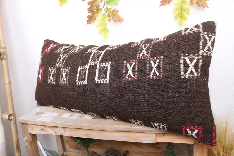 Retro Cushion, Handwoven Pillow Cover, 16x36 Brown Pillow Case, Home Decor Pillow, Pillow Sham, Vintage Kilim Pillow, Throw Kilim Pillow - 4