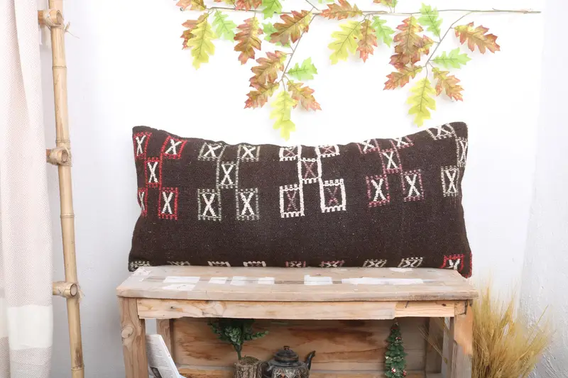 Retro Cushion, Handwoven Pillow Cover, 16x36 Brown Pillow Case, Home Decor Pillow, Pillow Sham, Vintage Kilim Pillow, Throw Kilim Pillow - 1