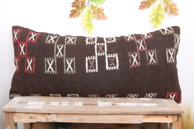 Retro Cushion, Handwoven Pillow Cover, 16x36 Brown Pillow Case, Home Decor Pillow, Pillow Sham, Vintage Kilim Pillow, Throw Kilim Pillow - 2