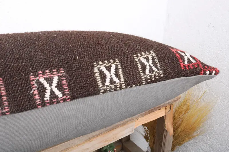 Retro Cushion, Handwoven Pillow Cover, 16x36 Brown Pillow Case, Home Decor Pillow, Pillow Sham, Vintage Kilim Pillow, Throw Kilim Pillow - 6