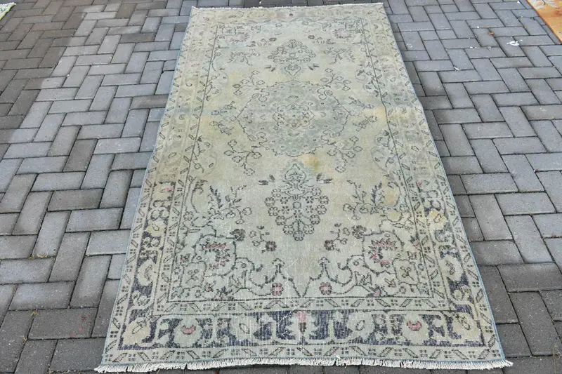 Vintage Türk Halısı, 3.9x7 ft Alan Halısı, Mavi Gri Fas Halısı - 1