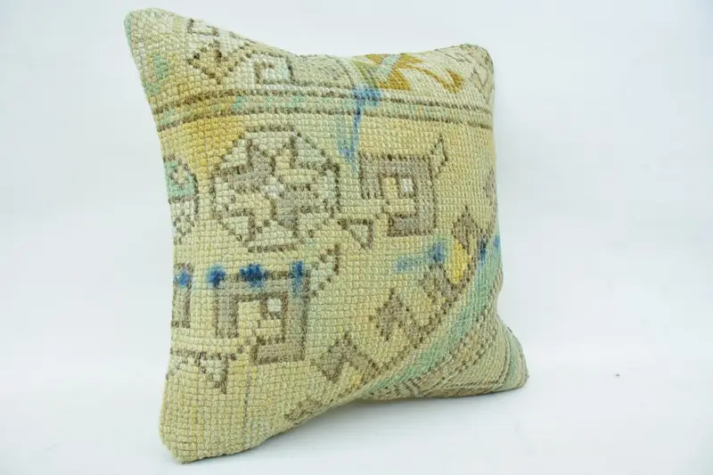 Turkish Pillow, Ikat Pillow Sham, Vintage Pillow, 16x16 Beige Cushion Cover, Pastel Cushion, Pillow Sham, Antique Pillows, Nomadic Cushion Cover - 2