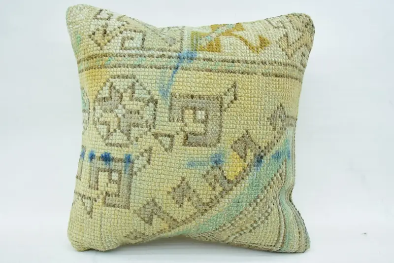 Turkish Pillow, Ikat Pillow Sham, Vintage Pillow, 16x16 Beige Cushion Cover, Pastel Cushion, Pillow Sham, Antique Pillows, Nomadic Cushion Cover - 4