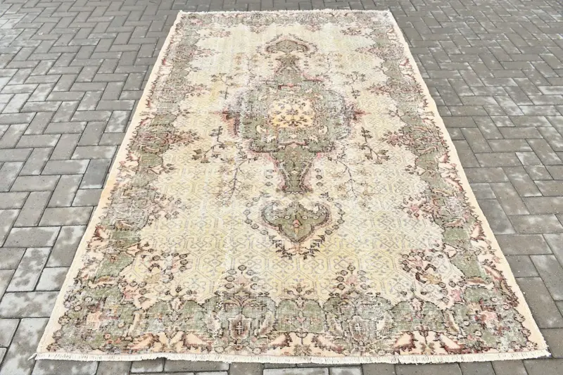 Türk Halısı, Büyük 5.3x8.9 ft Halı, Oushak Yeşil Çizgili Halı - 1