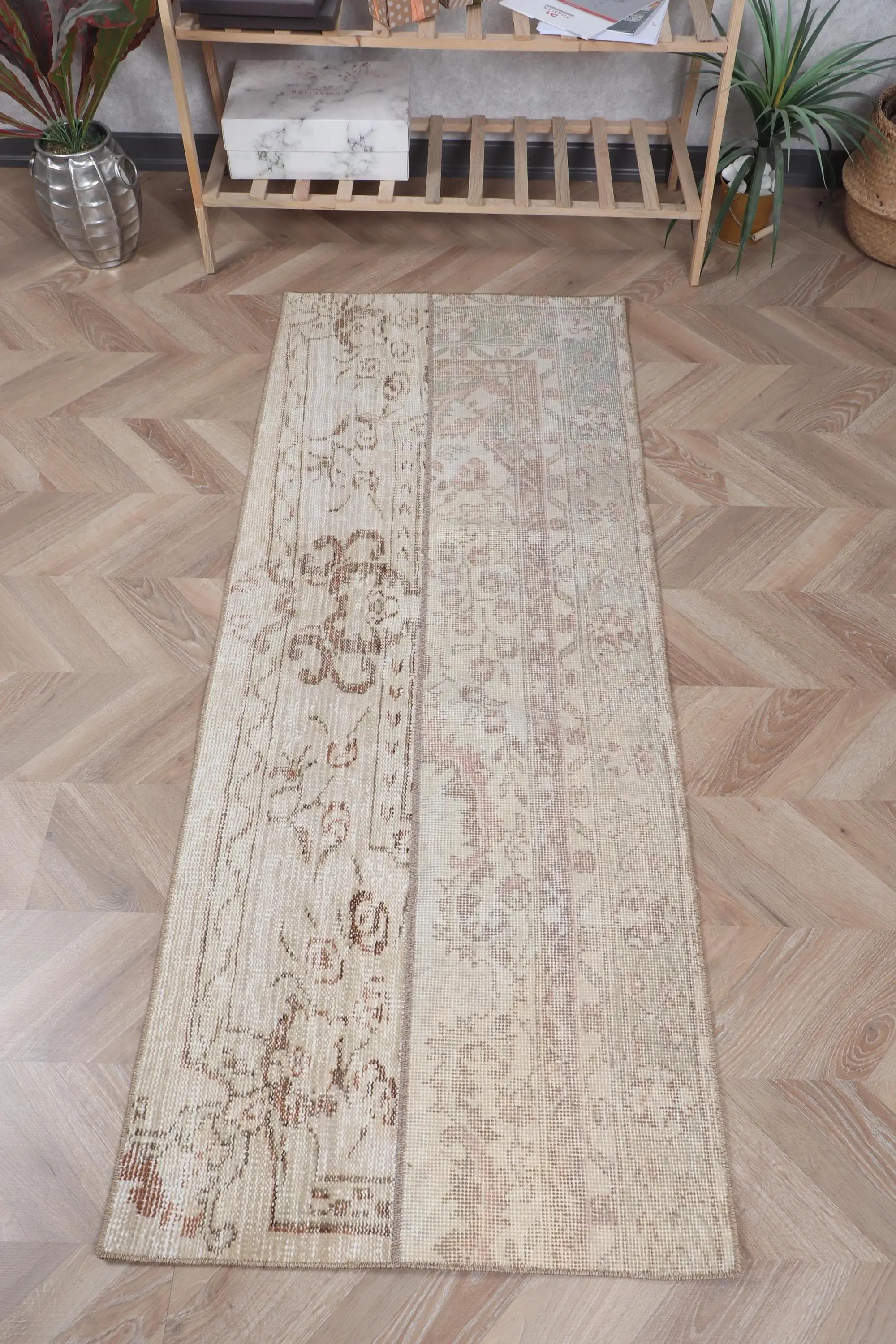 Turkish Vintage Rug, 2.3x5.7 ft Small Rug, Brown Floral Rug - 1