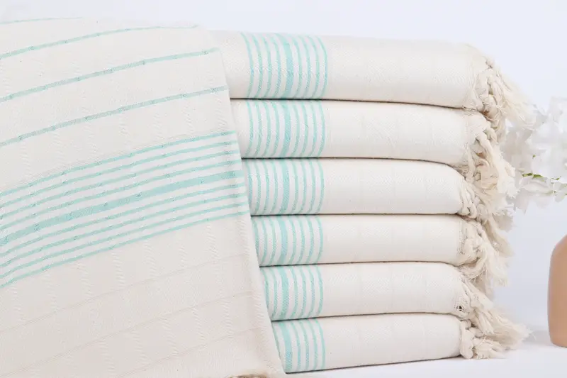 Embroidered Beach Towel Mint, Striped Organic Turkish Cotton, 40x71 Inches