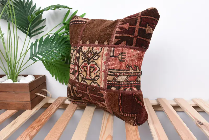 Vintage Kilim Pillow Cushion, Bed Pillow, Handmade Pillow Case, Boho Pillow, 18x18 Brown Cushion, Pillow Cover, Pillow for Sofa, Antique Pillows - 5