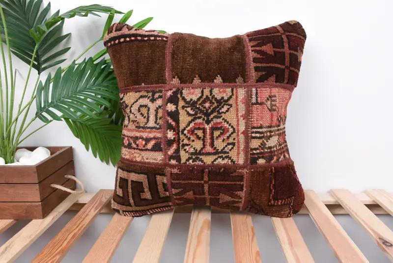 Vintage Kilim Pillow Cushion, Bed Pillow, Handmade Pillow Case, Boho Pillow, 18x18 Brown Cushion, Pillow Cover, Pillow for Sofa, Antique Pillows - 1