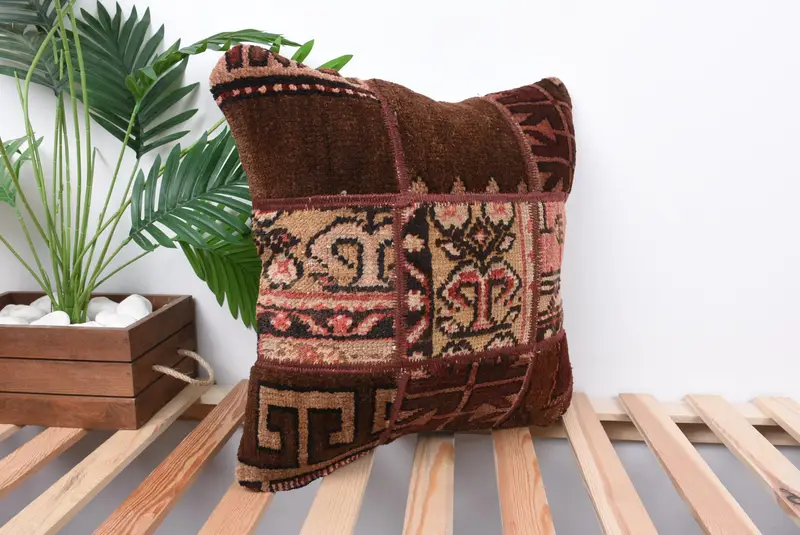 Vintage Kilim Pillow Cushion, Bed Pillow, Handmade Pillow Case, Boho Pillow, 18x18 Brown Cushion, Pillow Cover, Pillow for Sofa, Antique Pillows - 4