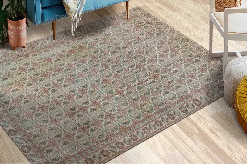 Earthy Hues エスニックプリントラグ、ソフトトーン、グリーン&ブラウン