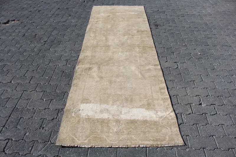 Vintage Turkish Rug 3.2x9.6 ft (96x293 cm), Oushak Brown Wool Rug - 1
