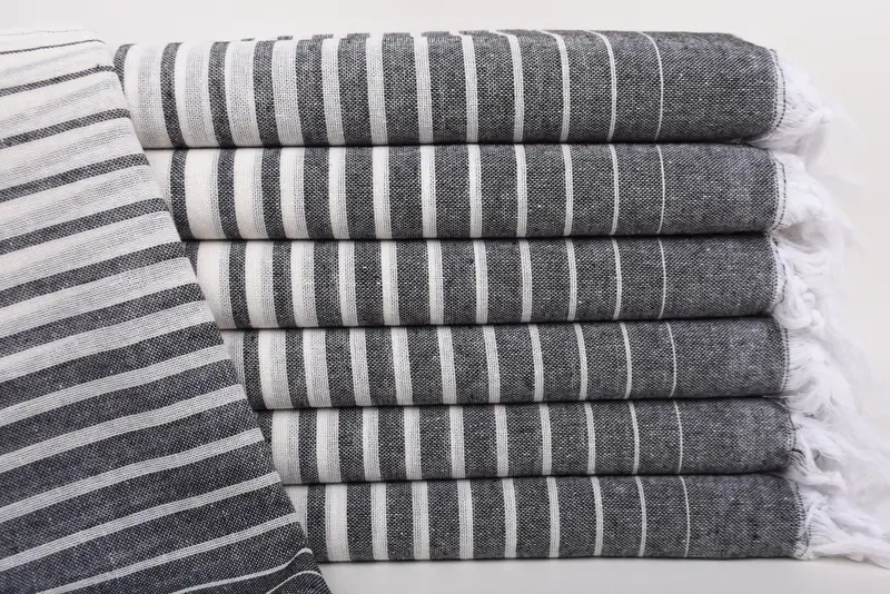 Scarf Towel Organic Cotton Beige-Black Striped Beach Towel, 69x40 Inches