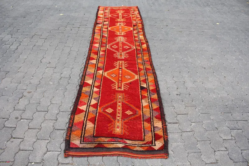 2.7x11.4 ft Turkish Rug, Vintage Runner Rug, Red Orange Abstract Rug - 1