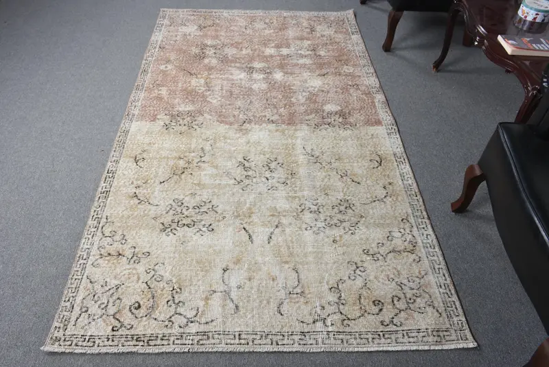 Vintage Turkish Rug, 4.4x7.7 ft Oushak Rug, Brown Area Ikat Rug - 1