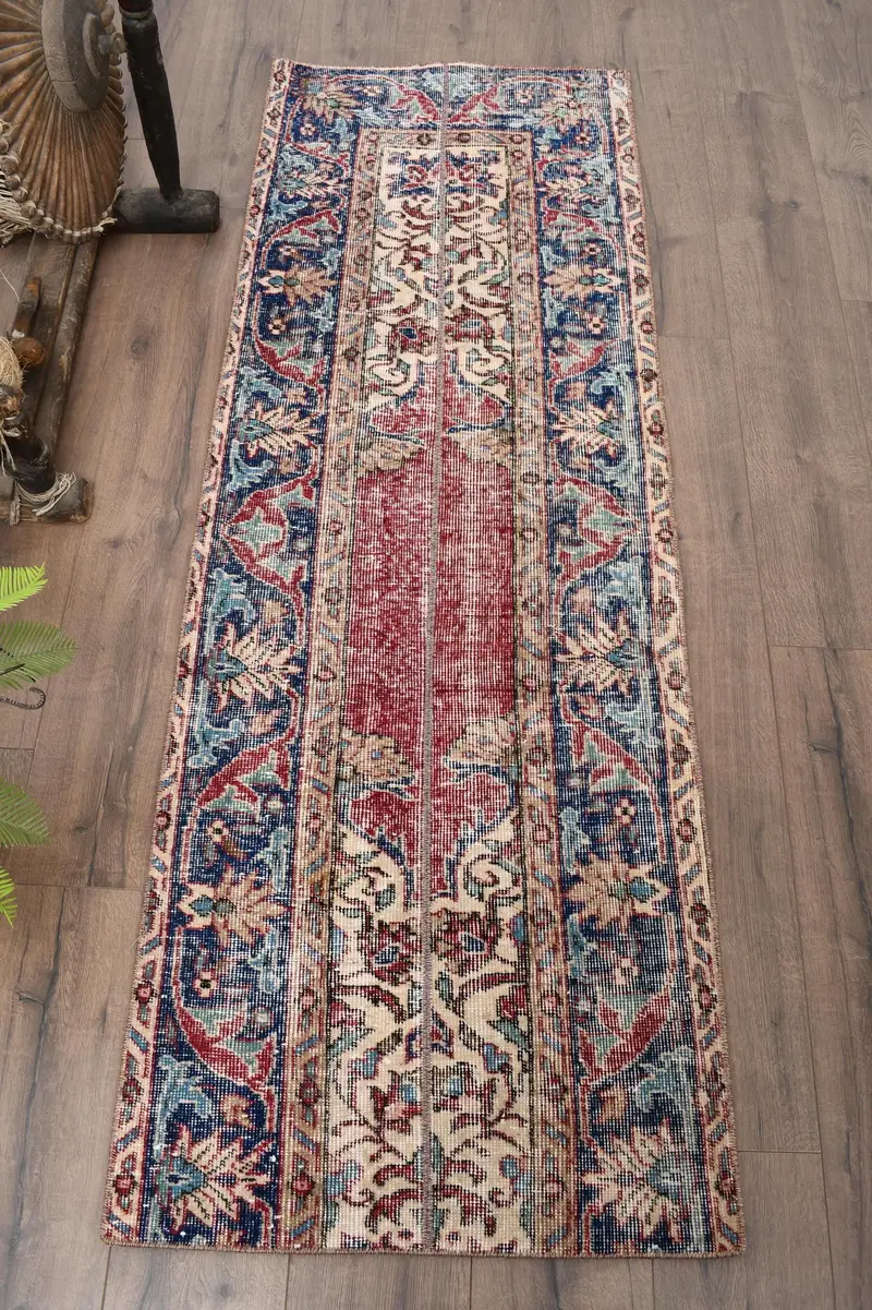 Vintage Rug, Runner 2.2x6.5 ft Rug, Oushak Blue Animal Print Rug - 1