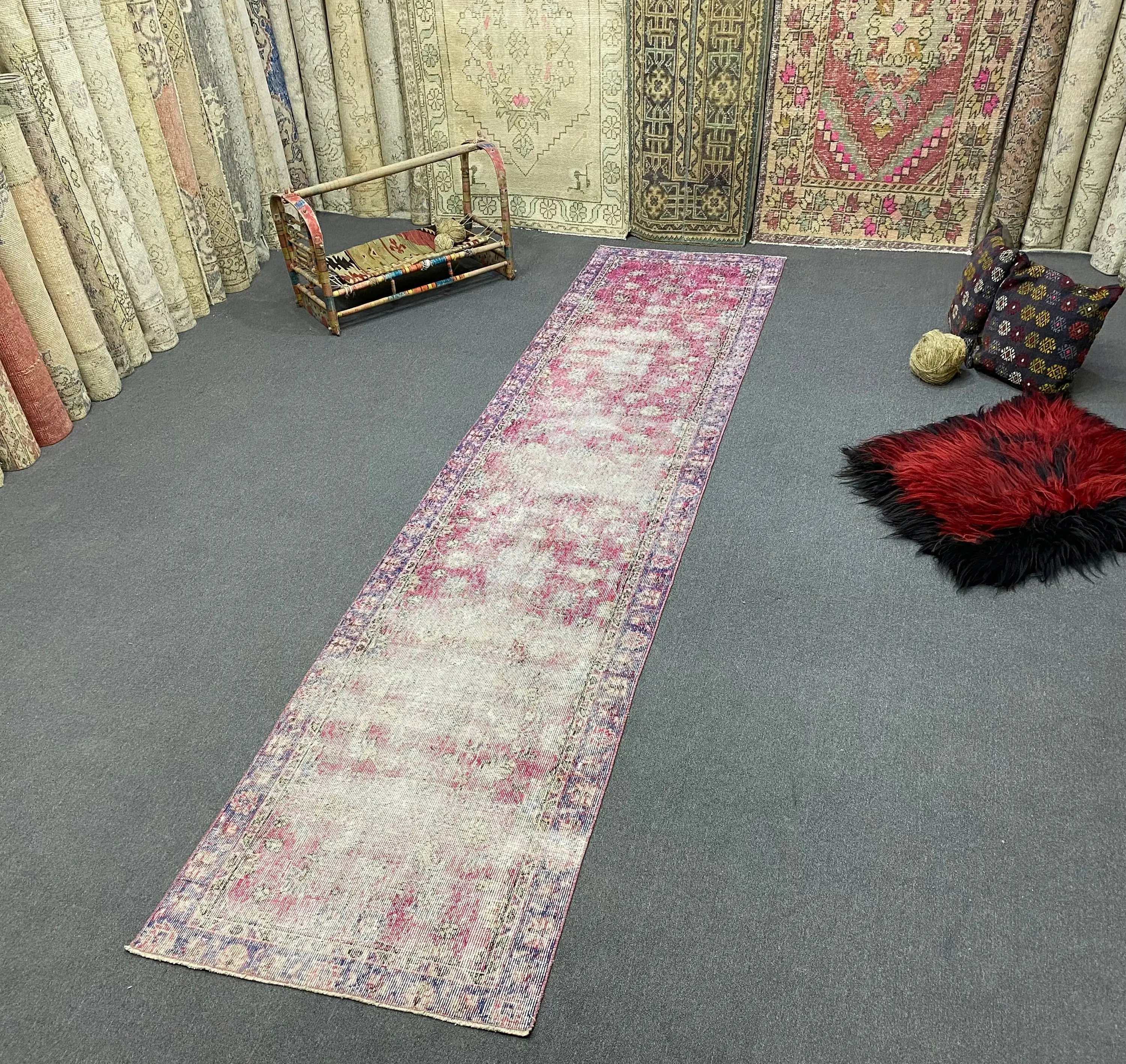 Vintage Rug, 2.7x11.8 ft Runner Rug, Pink Floral Wool Turkish Rug - 1