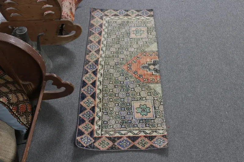 Vintage Oushak Rug 1.6x3.8 ft, Blue Red Ikat Wool Turkish Rug - 1