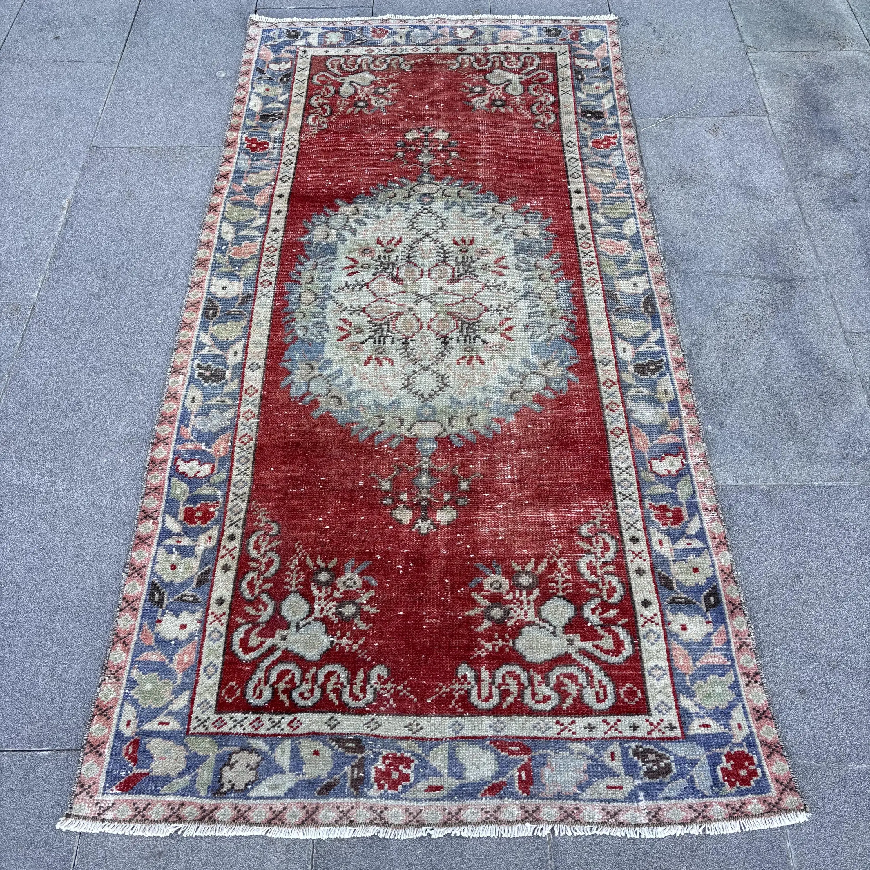 3.1x6.2 ft Halı, Vintage Türk Halısı, Kırmızı Mavi Soyut Halı - 1