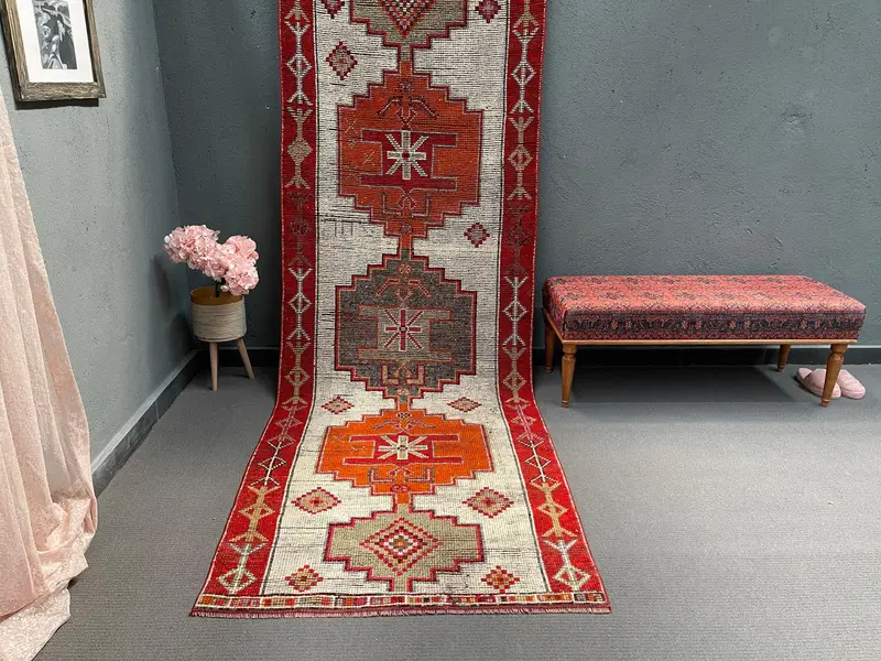 Turkish Herki Rug 3.5x10.6 ft (107x322 cm), Red Floral Vintage Rug - 1