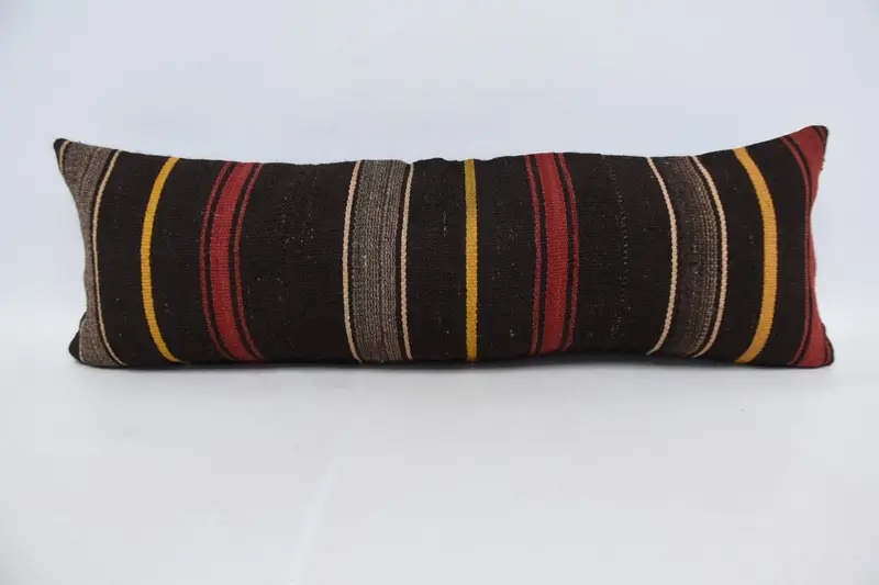 Lanzar cojín marrón, almohada antigua a rayas de porche de 12x35 pulgadas - 1
