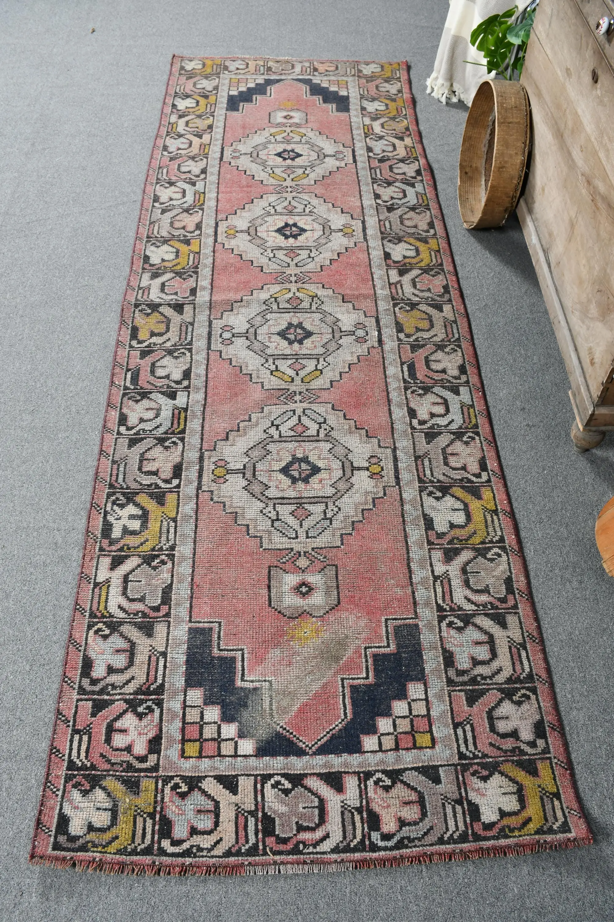 3x8.9 ft Vintage Rug, Red Camouflage Turkish Rug Wool - 1