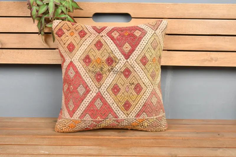 Interior Designer Pillow, Pillow Cover, Antique Pillows, 16x16 Red Cushion Cover, Throw Kilim Pillow, Ethnic Throw Pillow Sham - 6