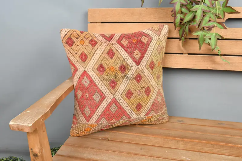 Interior Designer Pillow, Pillow Cover, Antique Pillows, 16x16 Red Cushion Cover, Throw Kilim Pillow, Ethnic Throw Pillow Sham - 1